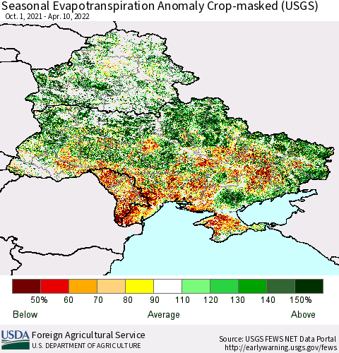 Ukraine, Moldova and Belarus Seasonal Actual Evapotranspiration Anomaly over Croplands (USGS) Thematic Map For 9/1/2021 - 4/10/2022