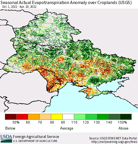 Ukraine, Moldova and Belarus Seasonal Actual Evapotranspiration Anomaly over Croplands (USGS) Thematic Map For 9/1/2021 - 4/20/2022