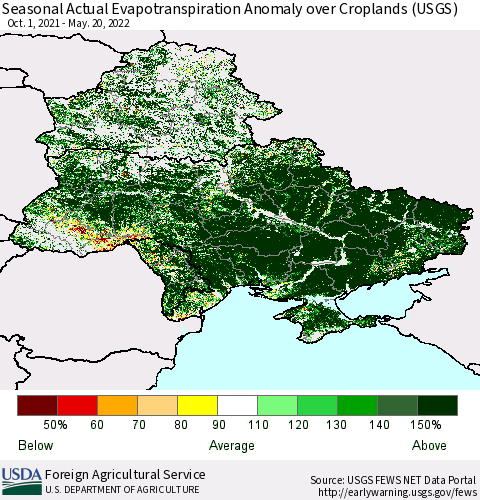 Ukraine, Moldova and Belarus Seasonal Actual Evapotranspiration Anomaly over Croplands (USGS) Thematic Map For 9/1/2021 - 5/20/2022