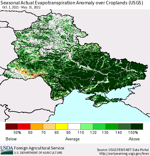 Ukraine, Moldova and Belarus Seasonal Actual Evapotranspiration Anomaly over Croplands (USGS) Thematic Map For 9/1/2021 - 5/31/2022