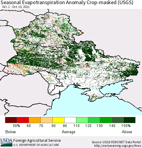 Ukraine, Moldova and Belarus Seasonal Actual Evapotranspiration Anomaly over Croplands (USGS) Thematic Map For 9/1/2021 - 10/10/2021