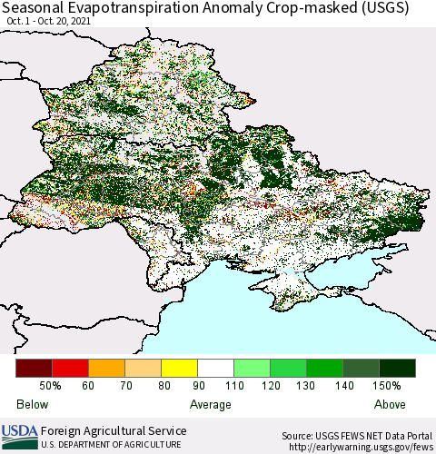 Ukraine, Moldova and Belarus Seasonal Actual Evapotranspiration Anomaly over Croplands (USGS) Thematic Map For 9/1/2021 - 10/20/2021