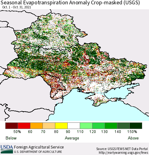Ukraine, Moldova and Belarus Seasonal Actual Evapotranspiration Anomaly over Croplands (USGS) Thematic Map For 9/1/2021 - 10/31/2021
