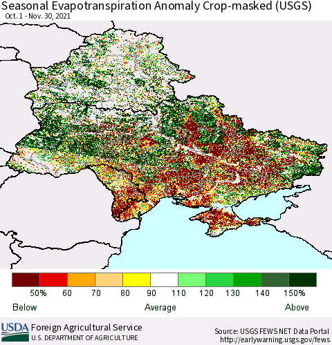 Ukraine, Moldova and Belarus Seasonal Actual Evapotranspiration Anomaly over Croplands (USGS) Thematic Map For 9/1/2021 - 11/30/2021