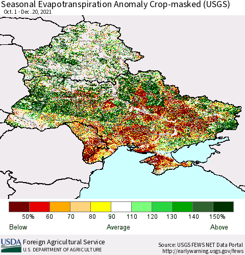 Ukraine, Moldova and Belarus Seasonal Actual Evapotranspiration Anomaly over Croplands (USGS) Thematic Map For 9/1/2021 - 12/20/2021