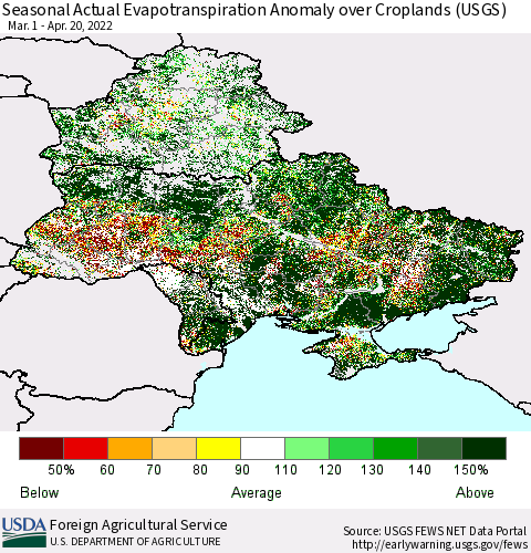 Ukraine, Moldova and Belarus Seasonal Actual Evapotranspiration Anomaly over Croplands (USGS) Thematic Map For 4/1/2022 - 4/20/2022