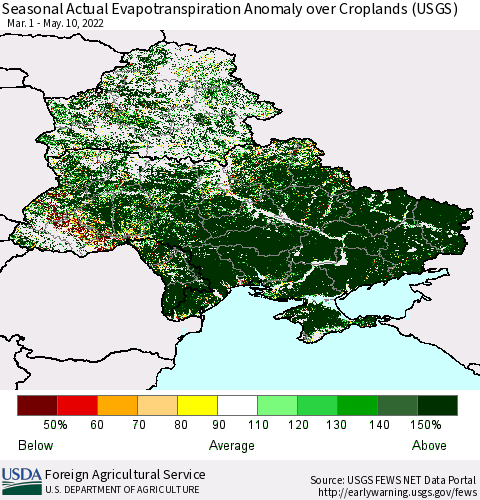 Ukraine, Moldova and Belarus Seasonal Actual Evapotranspiration Anomaly over Croplands (USGS) Thematic Map For 4/1/2022 - 5/10/2022