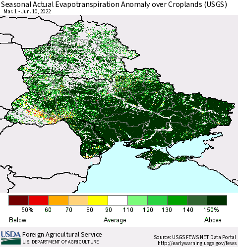 Ukraine, Moldova and Belarus Seasonal Actual Evapotranspiration Anomaly over Croplands (USGS) Thematic Map For 4/1/2022 - 6/10/2022