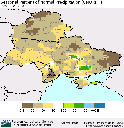 Ukraine, Moldova and Belarus Seasonal Percent of Normal Precipitation (CMORPH) Thematic Map For 9/1/2020 - 1/10/2021