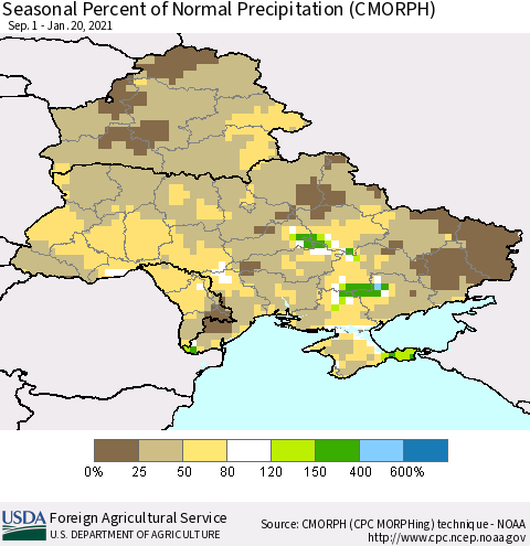 Ukraine, Moldova and Belarus Seasonal Percent of Normal Precipitation (CMORPH) Thematic Map For 9/1/2020 - 1/20/2021