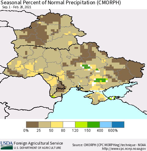 Ukraine, Moldova and Belarus Seasonal Percent of Normal Precipitation (CMORPH) Thematic Map For 9/1/2020 - 2/28/2021