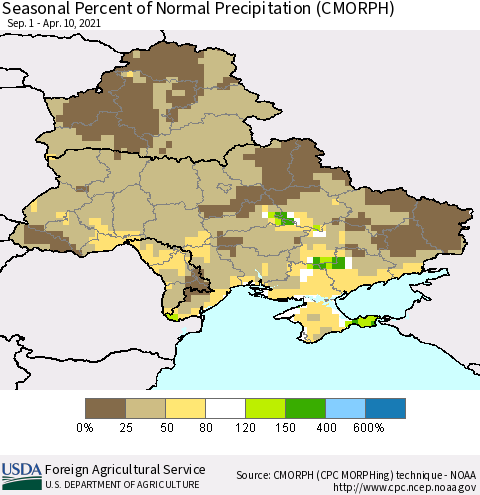 Ukraine, Moldova and Belarus Seasonal Percent of Normal Precipitation (CMORPH) Thematic Map For 9/1/2020 - 4/10/2021