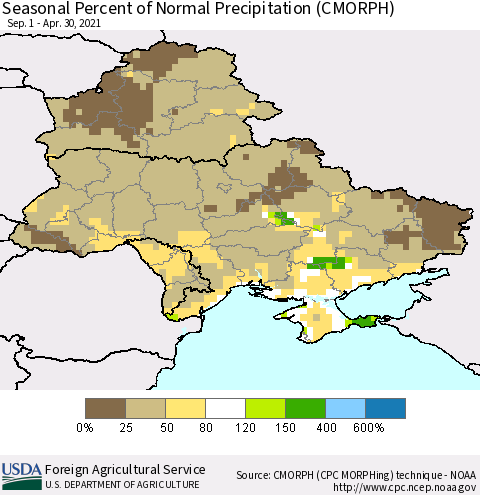 Ukraine, Moldova and Belarus Seasonal Percent of Normal Precipitation (CMORPH) Thematic Map For 9/1/2020 - 4/30/2021