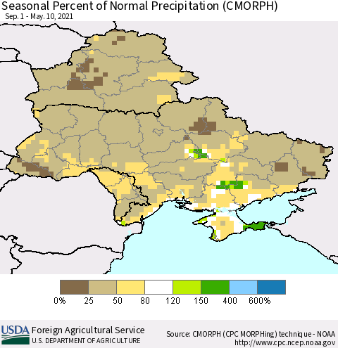Ukraine, Moldova and Belarus Seasonal Percent of Normal Precipitation (CMORPH) Thematic Map For 9/1/2020 - 5/10/2021