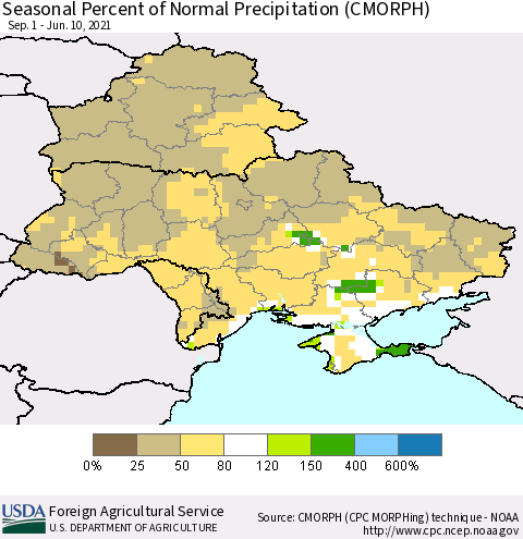 Ukraine, Moldova and Belarus Seasonal Percent of Normal Precipitation (CMORPH) Thematic Map For 9/1/2020 - 6/10/2021