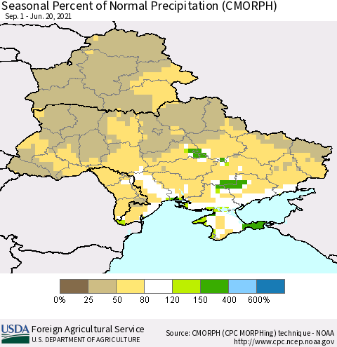 Ukraine, Moldova and Belarus Seasonal Percent of Normal Precipitation (CMORPH) Thematic Map For 9/1/2020 - 6/20/2021