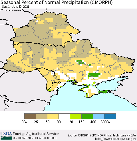 Ukraine, Moldova and Belarus Seasonal Percent of Normal Precipitation (CMORPH) Thematic Map For 9/1/2020 - 6/30/2021