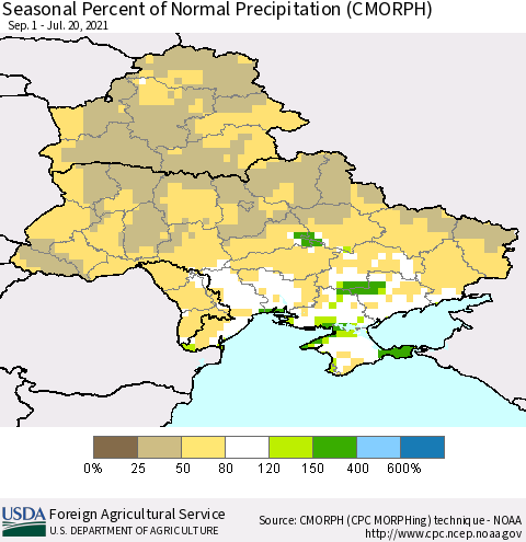 Ukraine, Moldova and Belarus Seasonal Percent of Normal Precipitation (CMORPH) Thematic Map For 9/1/2020 - 7/20/2021