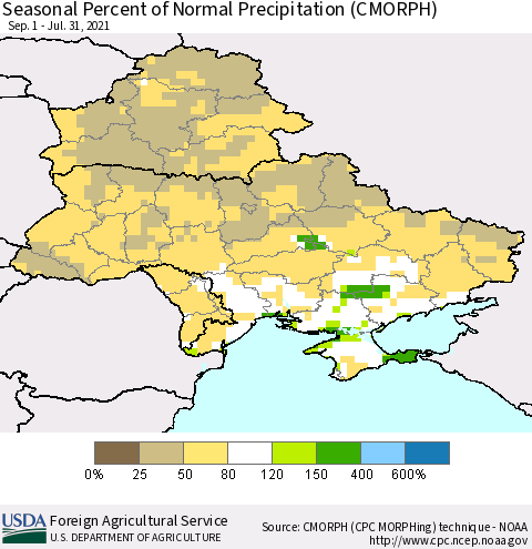 Ukraine, Moldova and Belarus Seasonal Percent of Normal Precipitation (CMORPH) Thematic Map For 9/1/2020 - 7/31/2021