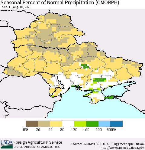 Ukraine, Moldova and Belarus Seasonal Percent of Normal Precipitation (CMORPH) Thematic Map For 9/1/2020 - 8/10/2021