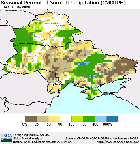 Ukraine, Moldova and Belarus Seasonal Percent of Normal Precipitation (CMORPH) Thematic Map For 9/1/2020 - 9/10/2020