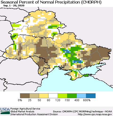 Ukraine, Moldova and Belarus Seasonal Percent of Normal Precipitation (CMORPH) Thematic Map For 9/1/2020 - 9/20/2020