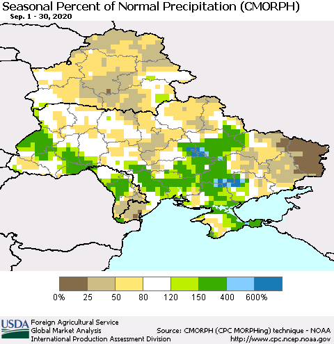 Ukraine, Moldova and Belarus Seasonal Percent of Normal Precipitation (CMORPH) Thematic Map For 9/1/2020 - 9/30/2020