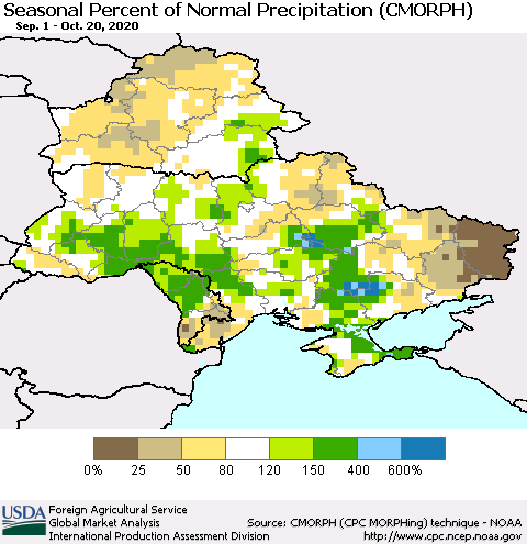 Ukraine, Moldova and Belarus Seasonal Percent of Normal Precipitation (CMORPH) Thematic Map For 9/1/2020 - 10/20/2020
