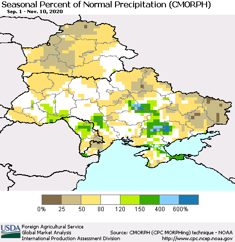 Ukraine, Moldova and Belarus Seasonal Percent of Normal Precipitation (CMORPH) Thematic Map For 9/1/2020 - 11/10/2020