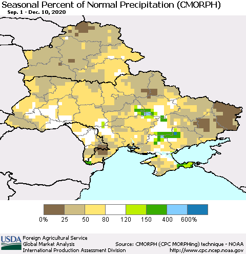 Ukraine, Moldova and Belarus Seasonal Percent of Normal Precipitation (CMORPH) Thematic Map For 9/1/2020 - 12/10/2020
