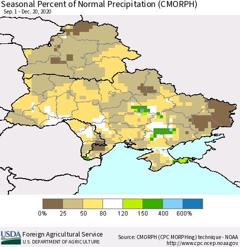 Ukraine, Moldova and Belarus Seasonal Percent of Normal Precipitation (CMORPH) Thematic Map For 9/1/2020 - 12/20/2020