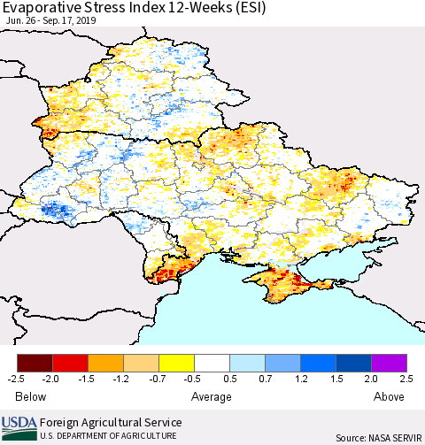 Ukraine, Moldova and Belarus Evaporative Stress Index (ESI), 12-Weeks Thematic Map For 9/16/2019 - 9/22/2019