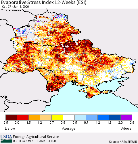 Ukraine, Moldova and Belarus Evaporative Stress Index (ESI), 12-Weeks Thematic Map For 1/6/2020 - 1/12/2020