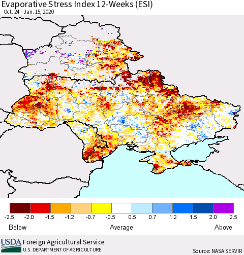 Ukraine, Moldova and Belarus Evaporative Stress Index (ESI), 12-Weeks Thematic Map For 1/13/2020 - 1/19/2020