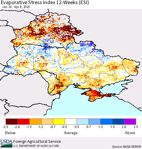 Ukraine, Moldova and Belarus Evaporative Stress Index (ESI), 12-Weeks Thematic Map For 4/6/2020 - 4/12/2020