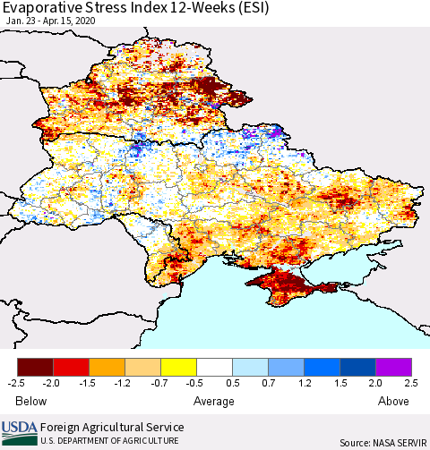 Ukraine, Moldova and Belarus Evaporative Stress Index (ESI), 12-Weeks Thematic Map For 4/13/2020 - 4/19/2020