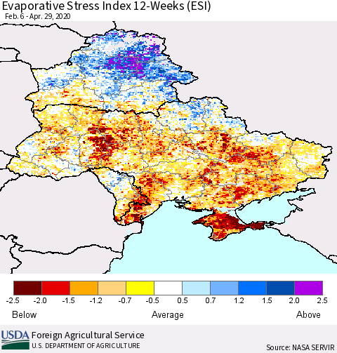 Ukraine, Moldova and Belarus Evaporative Stress Index (ESI), 12-Weeks Thematic Map For 4/27/2020 - 5/3/2020