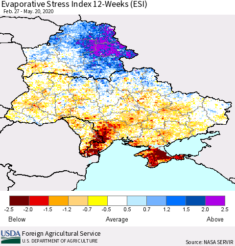 Ukraine, Moldova and Belarus Evaporative Stress Index (ESI), 12-Weeks Thematic Map For 5/18/2020 - 5/24/2020