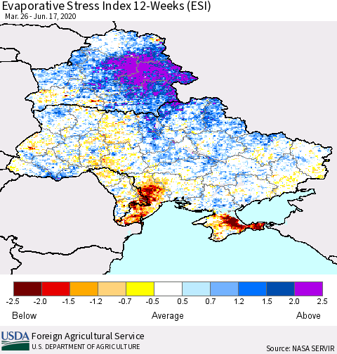 Ukraine, Moldova and Belarus Evaporative Stress Index (ESI), 12-Weeks Thematic Map For 6/15/2020 - 6/21/2020