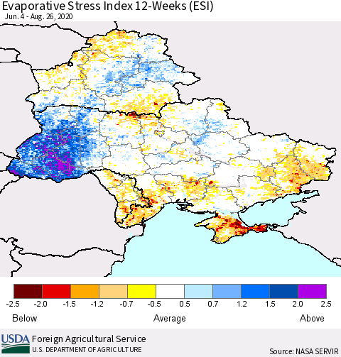 Ukraine, Moldova and Belarus Evaporative Stress Index (ESI), 12-Weeks Thematic Map For 8/24/2020 - 8/30/2020