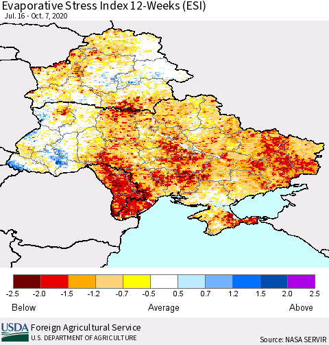 Ukraine, Moldova and Belarus Evaporative Stress Index (ESI), 12-Weeks Thematic Map For 10/5/2020 - 10/11/2020