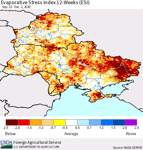 Ukraine, Moldova and Belarus Evaporative Stress Index (ESI), 12-Weeks Thematic Map For 11/30/2020 - 12/6/2020