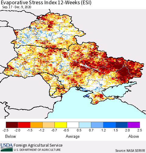 Ukraine, Moldova and Belarus Evaporative Stress Index (ESI), 12-Weeks Thematic Map For 12/7/2020 - 12/13/2020