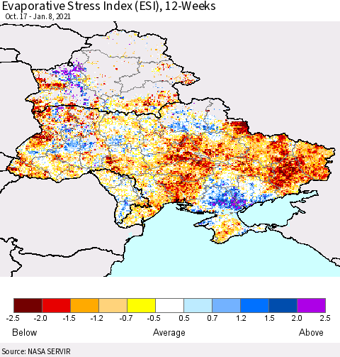 Ukraine, Moldova and Belarus Evaporative Stress Index (ESI), 12-Weeks Thematic Map For 1/4/2021 - 1/10/2021