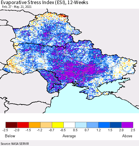 Ukraine, Moldova and Belarus Evaporative Stress Index (ESI), 12-Weeks Thematic Map For 5/17/2021 - 5/23/2021