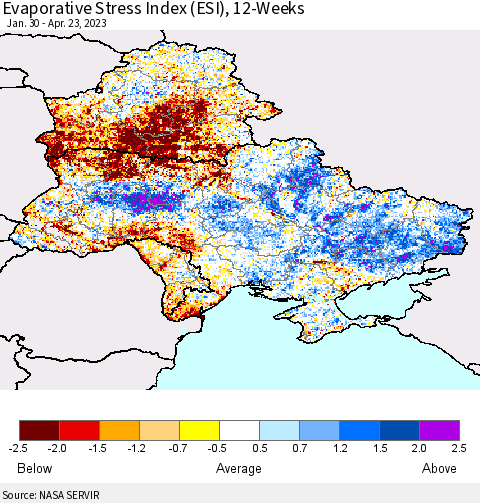 Ukraine, Moldova and Belarus Evaporative Stress Index (ESI), 12-Weeks Thematic Map For 4/17/2023 - 4/23/2023