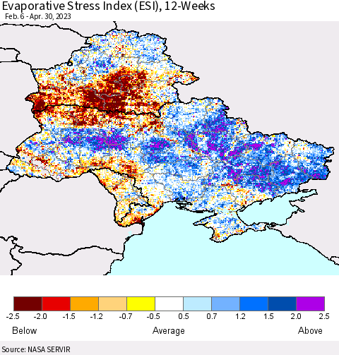 Ukraine, Moldova and Belarus Evaporative Stress Index (ESI), 12-Weeks Thematic Map For 4/24/2023 - 4/30/2023