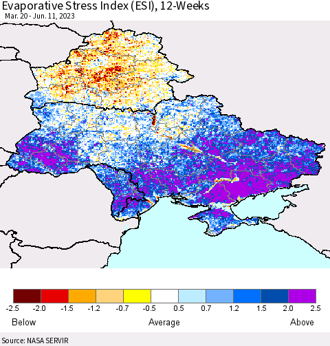 Ukraine, Moldova and Belarus Evaporative Stress Index (ESI), 12-Weeks Thematic Map For 6/5/2023 - 6/11/2023