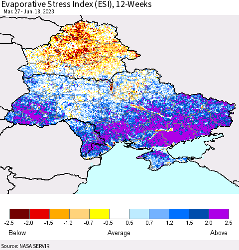 Ukraine, Moldova and Belarus Evaporative Stress Index (ESI), 12-Weeks Thematic Map For 6/12/2023 - 6/18/2023