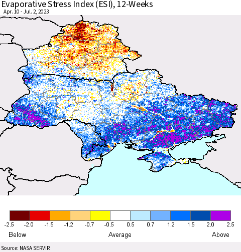 Ukraine, Moldova and Belarus Evaporative Stress Index (ESI), 12-Weeks Thematic Map For 6/26/2023 - 7/2/2023